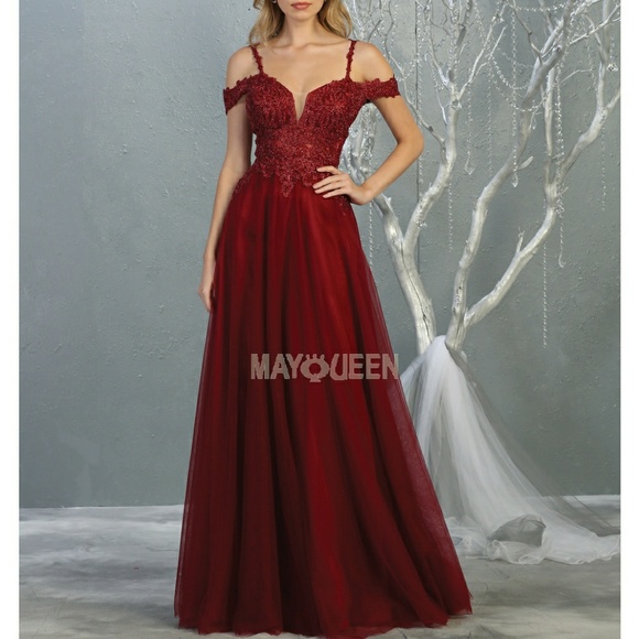 0 Dresses & Skirts - Navy,burgundy,gold,pink off the shoulder beaded tulle long dress